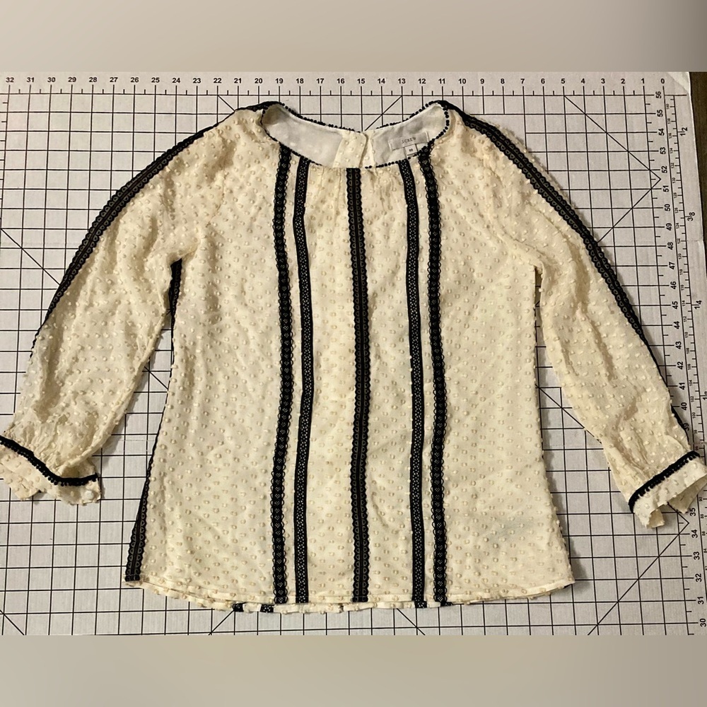 J. Crew Women’s Size 00 Cream/Black Silk Blend Long Sleeve Blouse